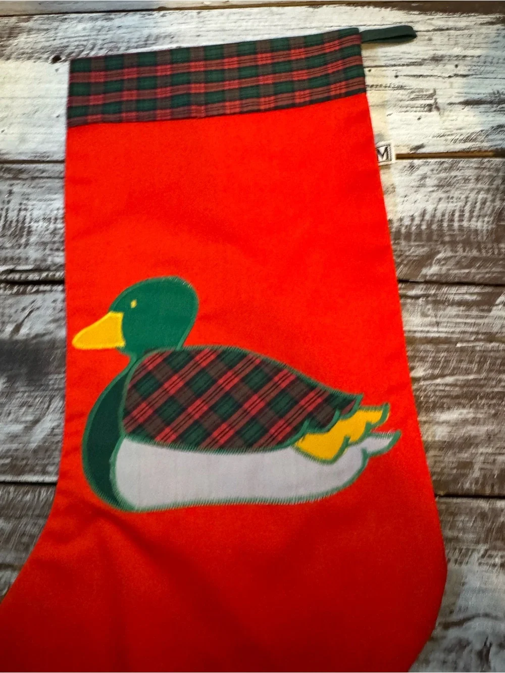 Source Unknown Red Christmas Stocking with Plaid Duck Applique